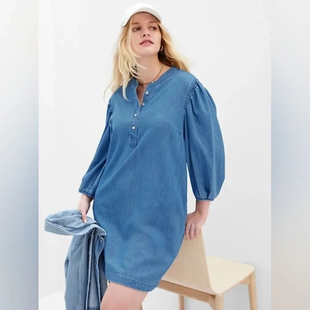 GAP Medium Wash Denim 3/4 Length Puff Sleeve Dress Size L
